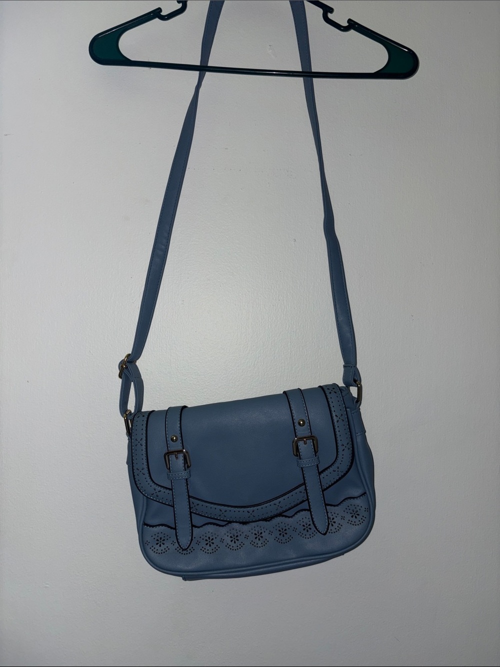 Dusty Blue Laser-Cut Crossbody Bag with Buckle Detail